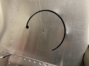 First half of the circle cut - I had to reverse the tool at this point since the pitot tube mast blocked finishing the circle from this direction